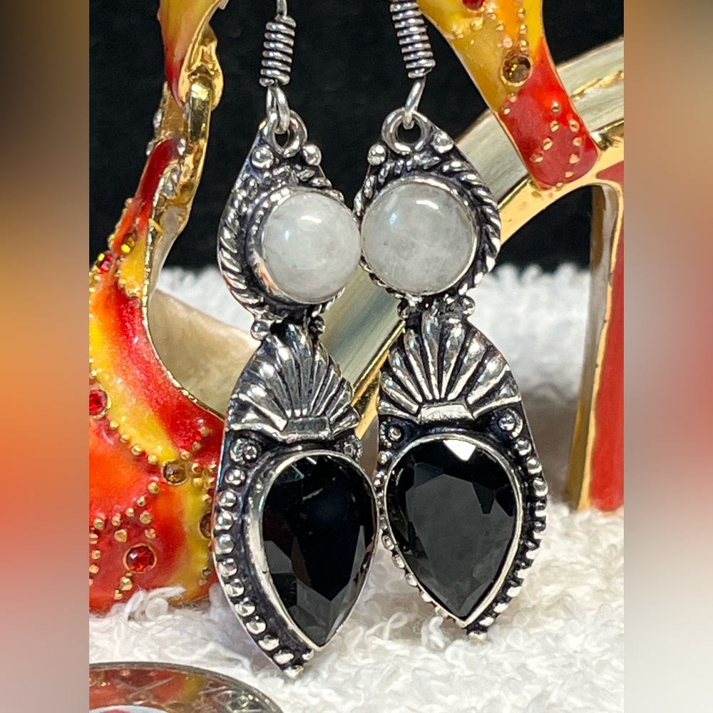 Artisan genuine moonstone -created onyx and sterling earrings New